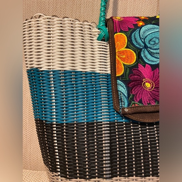 Summer Beach Straw bag with leather and tapestry closure snap - Picture 3 of 9